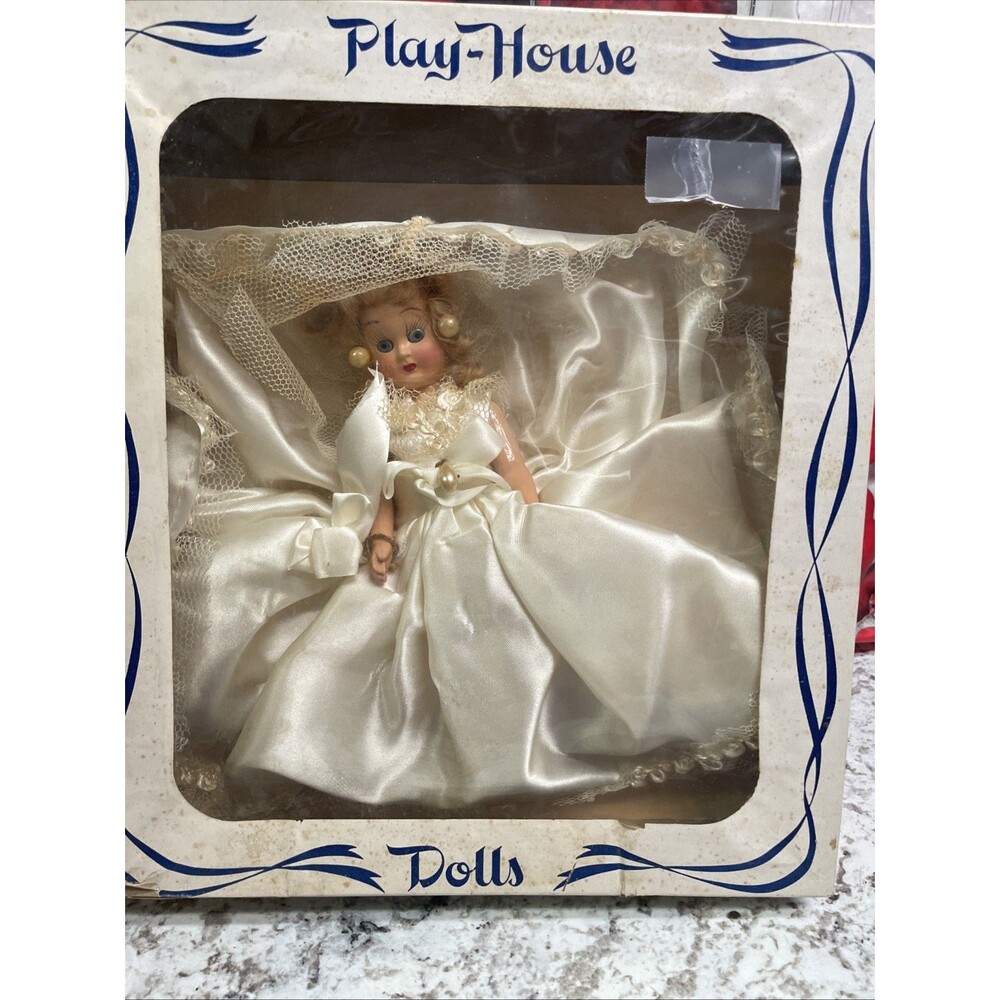 Vintage Play-House Dolls Bride Doll in Gown & Veil w/ Hand Painted Blue Eyes